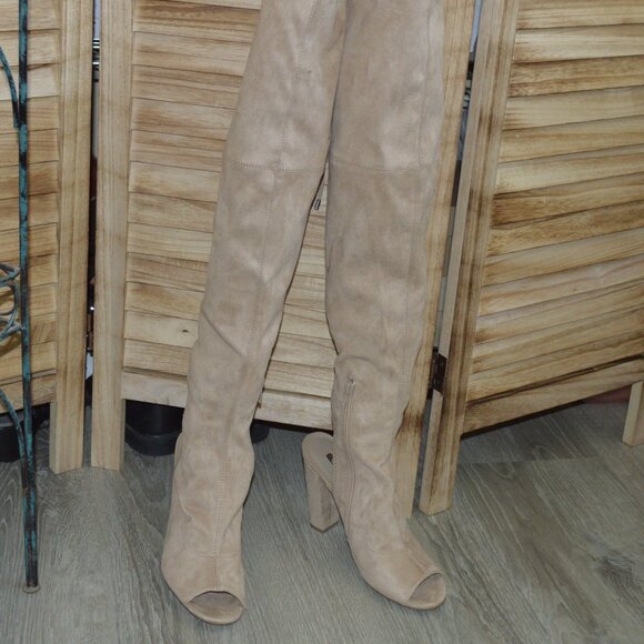 NWOT Guess 8 Tan Over The Knee Boots Faux Suede Open Toes "Galle" - Picture 2 of 7